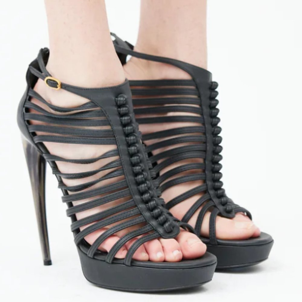 Mea Shadow Heels Gladiator Stiletto Platform BLACK Woven Leather SZ 6